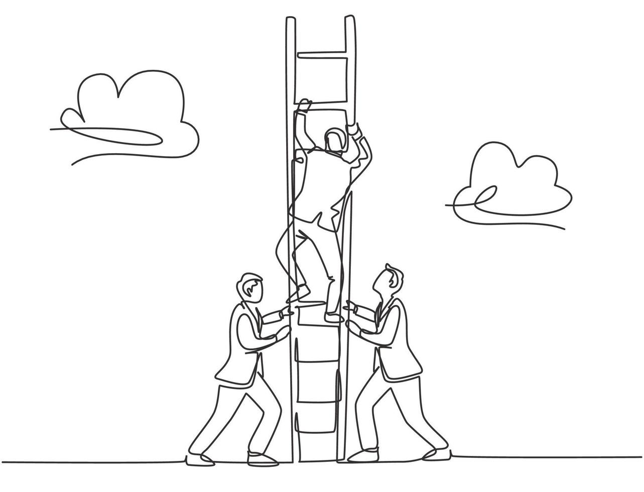 un dibujo de línea continua de los miembros del equipo ayuda a su líder a subir la escalera para alcanzar el cielo para alcanzar el éxito. Concepto de trabajo en equipo de negocios de moda ilustración de vector de diseño de dibujo de una sola línea