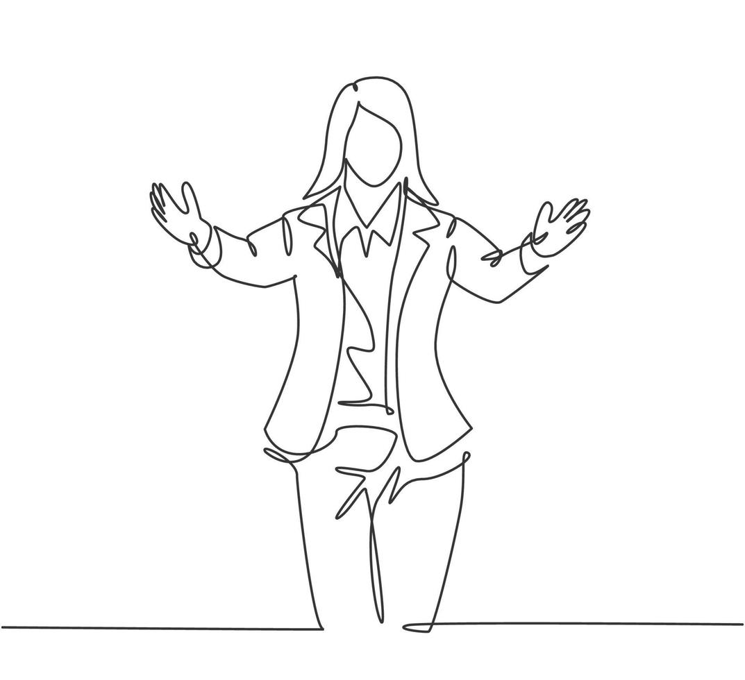 Single continuous line drawing of young happy female business worker give supporting hug gesture to her office friend. Friend support embrace concept one line draw graphic design vector illustration