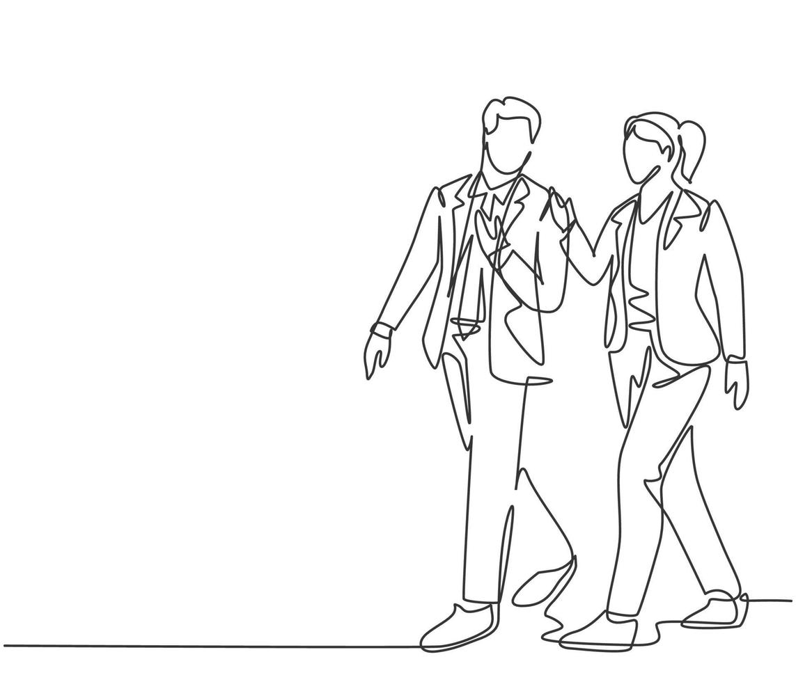 One single line drawing of young couple male and female employees discussing new strategy plan to write annual report. Urban commuter workers concept continuous line draw design vector illustration