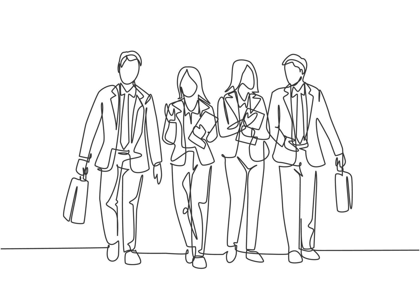 One single line drawing of young businessmen and businesswoman walking together on city road discussing work. Urban commuter workers concept. Continuous line draw design vector illustration