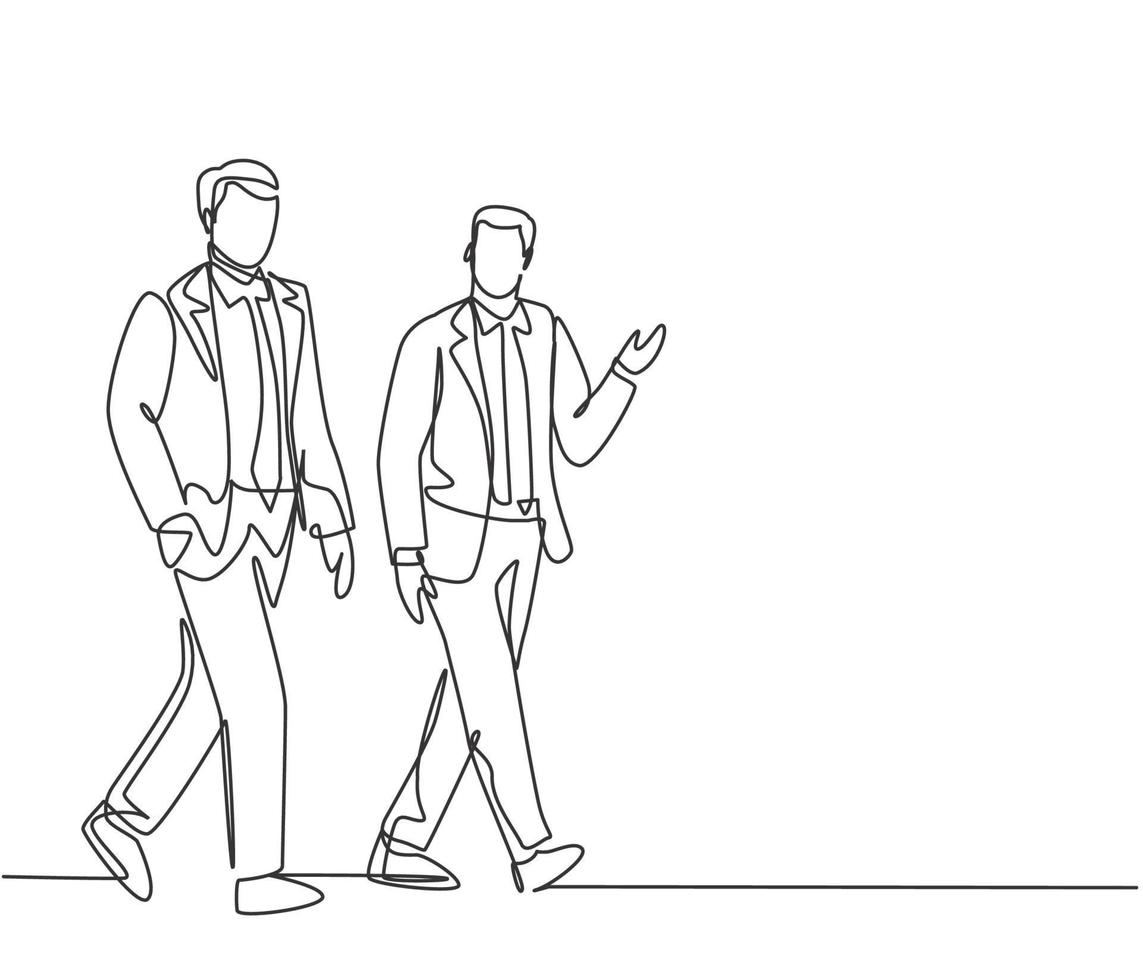 One single line drawing of young businessmen walking together colleague on city street discussing work to go to the office. Urban commuter workers concept. Continuous line draw design illustration vector