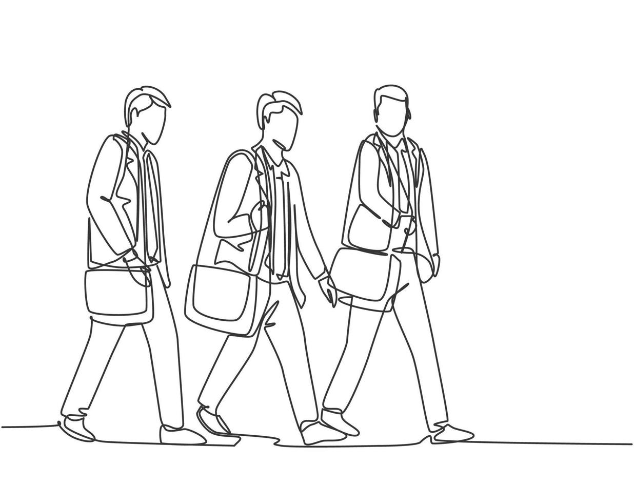 Single continuous line drawing of young male employees talking and walking together on city corridor to go to the office. Walking together on street concept one line draw design vector illustration