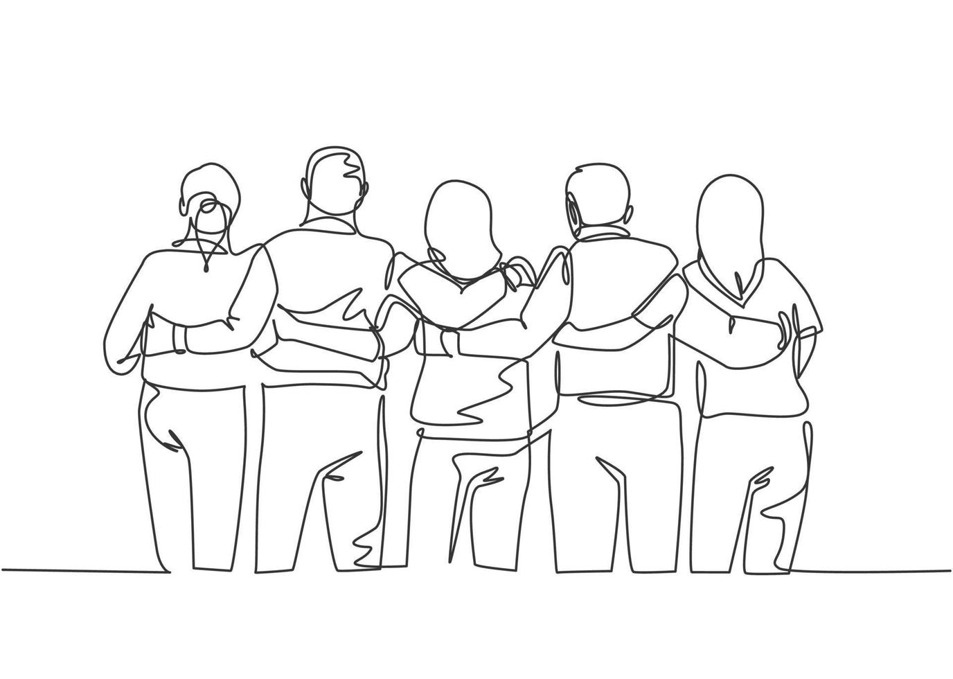 Single continuous line drawing about group of men and woman from multi ethnic standing and hugging together to show their unity bonding. Friendship concept one line draw design vector illustration