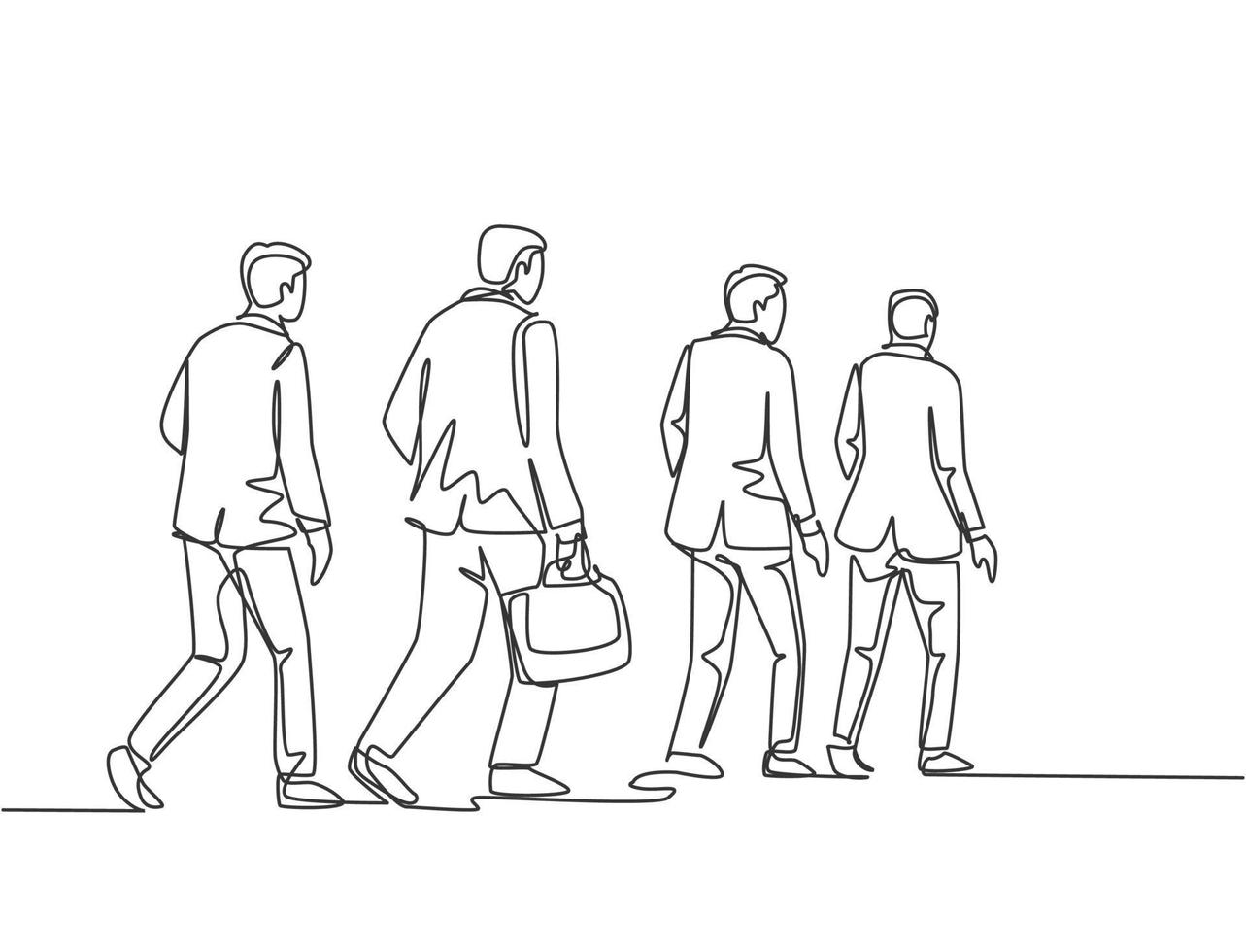 un dibujo de una sola línea de jóvenes empleados y trabajadoras caminando juntos apurados para no llegar tarde al trabajo. Los trabajadores de cercanías urbanos concepto de dibujo de línea continua diseño gráfico vectorial ilustración vector