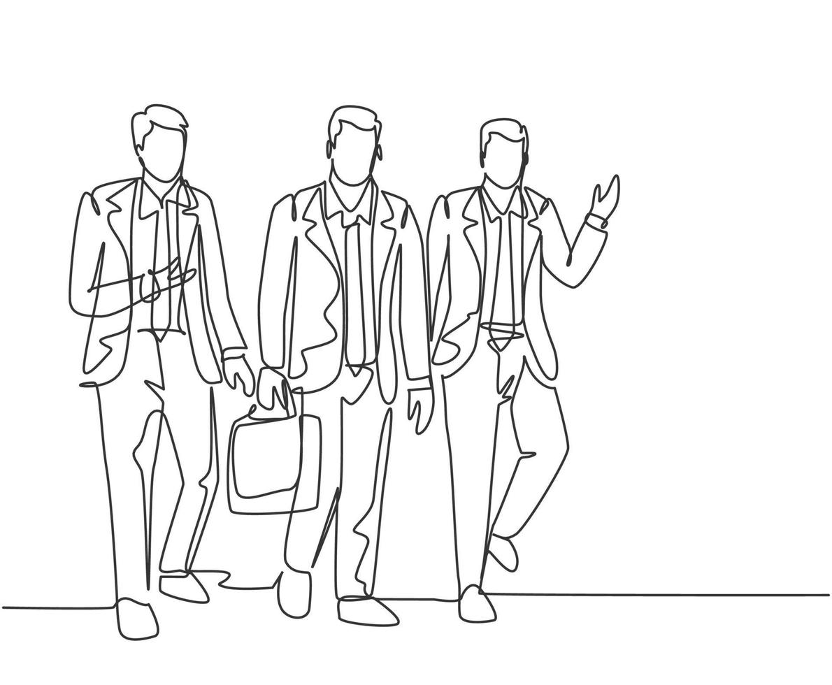 One continuous line drawing of young happy male sales managers walking together and discussing new selling strategy. Urban commuter workers concept single line graphic draw design vector illustration