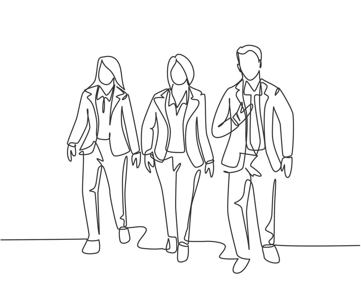 One continuous line drawing of young male and female employees talking and walking together on the street to go to city subway. Urban commuters concept single line draw design vector illustration