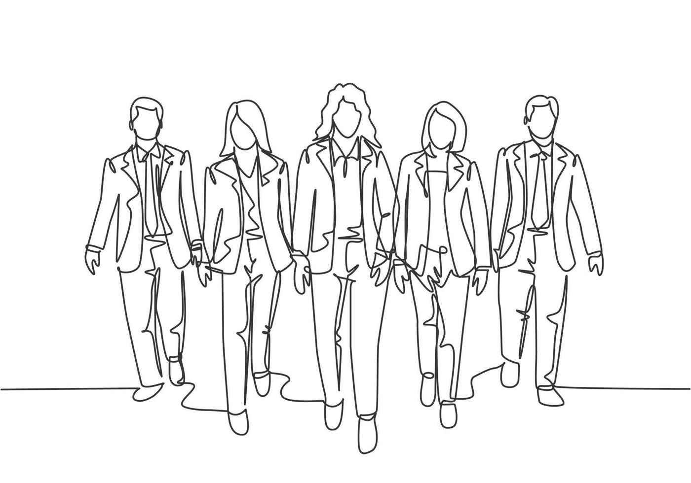 One continuous line drawing of young male and female workers walking together neatly in a row in city street go to office. Urban commuter workers concept single line draw design vector illustration