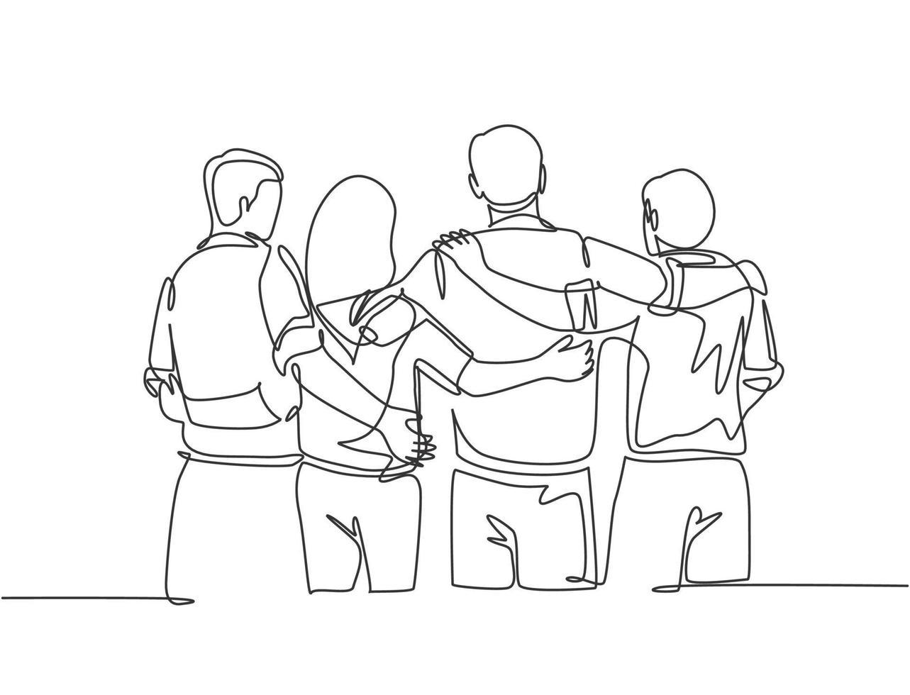 Single continuous line drawing about group of men and woman from multi ethnic standing and hugging together to show their unity bonding. Friendship concept one line draw design vector illustration