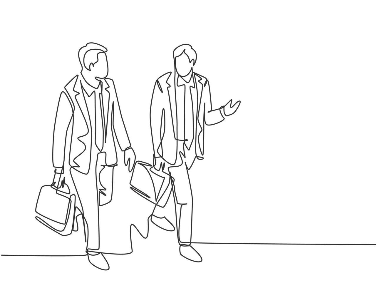 Single continuous line drawing of young happy business men talking to his colleagues when walking approaching the office. Business conversation concept. One line draw design vector illustration