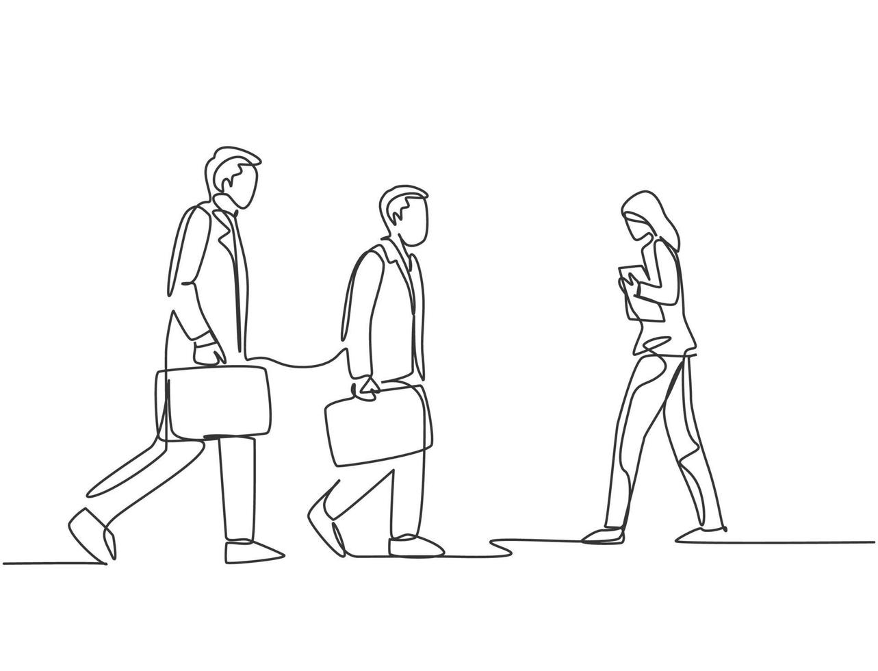 Single continuous line drawing of group urban commuters walking pass over and over again on city street go to the office. Urban commuter workers concept one line draw design vector illustration