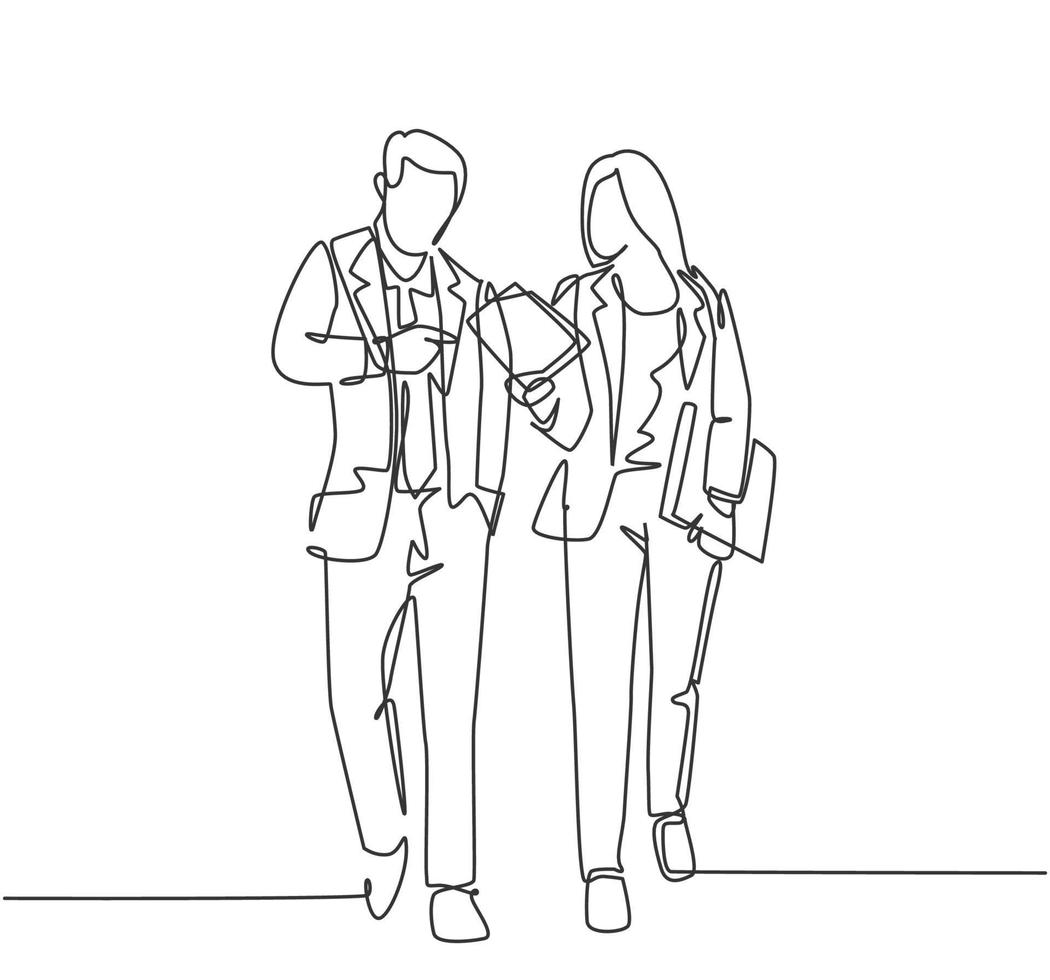 un solo dibujo de una pareja joven de empleados masculinos y femeninos discutiendo un nuevo plan estratégico para el crecimiento de la empresa. Los trabajadores de cercanías urbanos concepto línea continua dibujar diseño gráfico ilustración vectorial vector