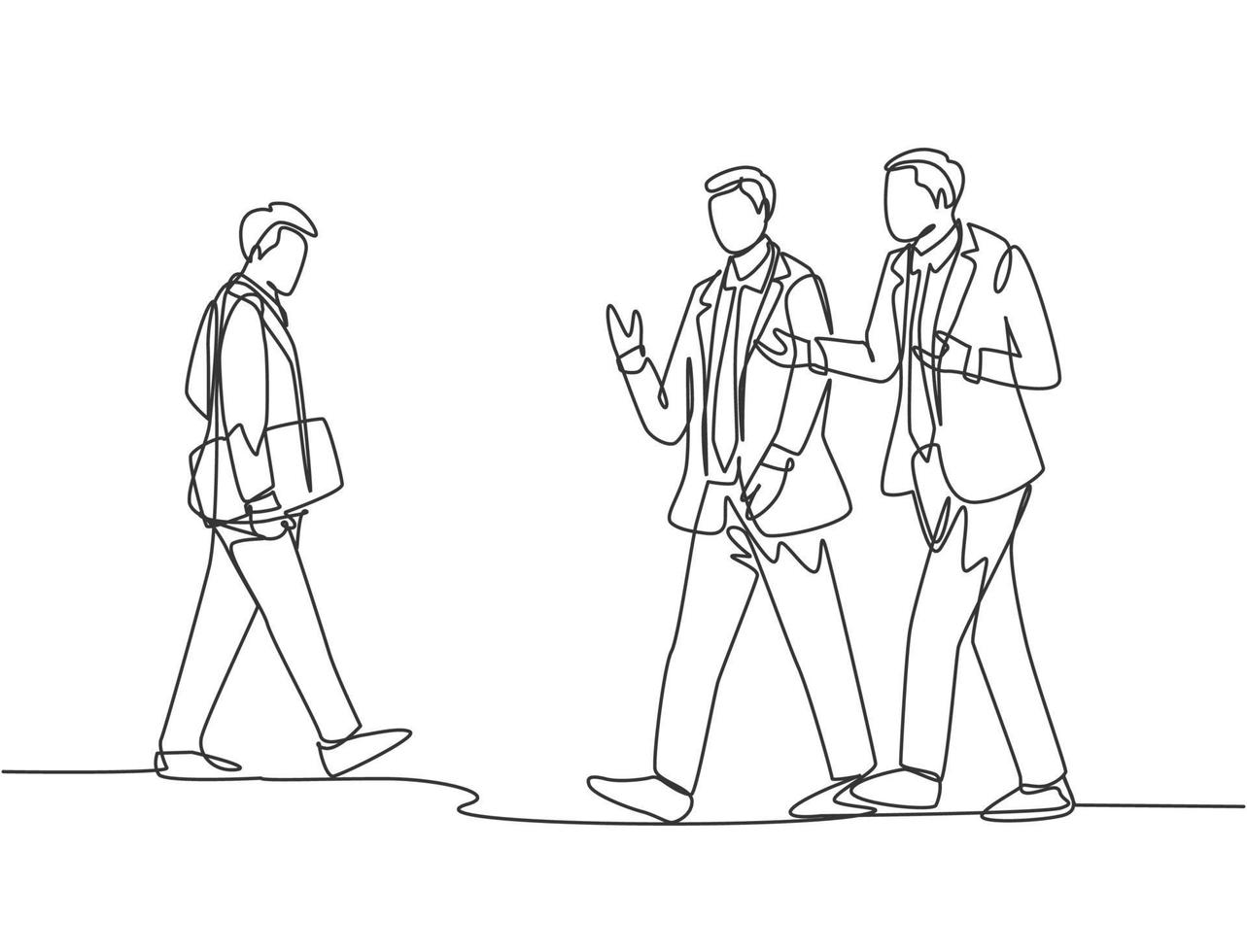 Single continuous line drawing of young happy business men talking to his colleagues when walking approaching the office. Business conversation concept. One line draw design vector illustration