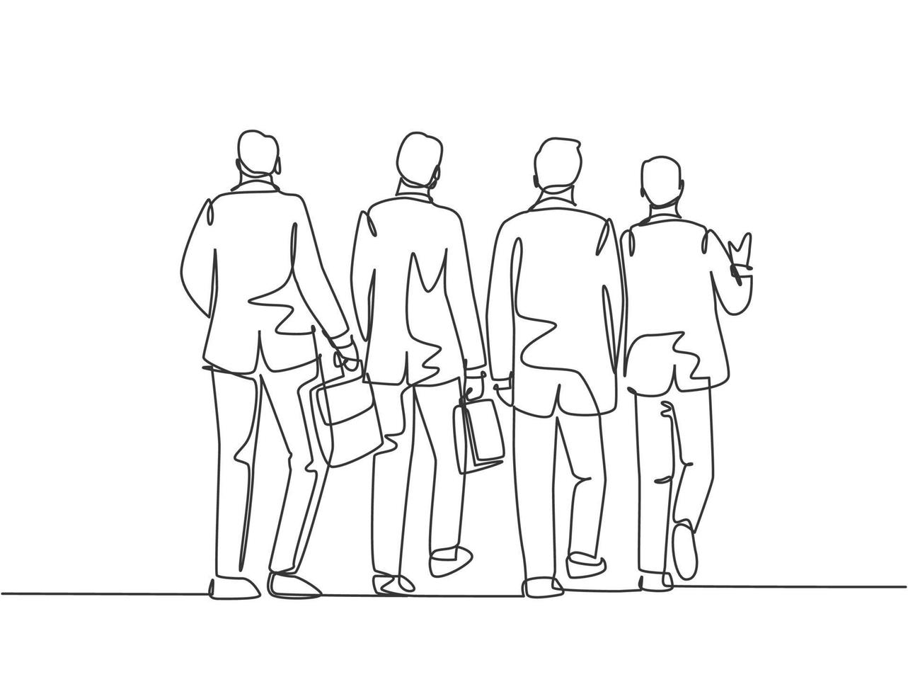 One single line drawing of young male businessmen discussing work while walking together on city street to the office. Urban commuter workers concept continuous line draw design vector illustration