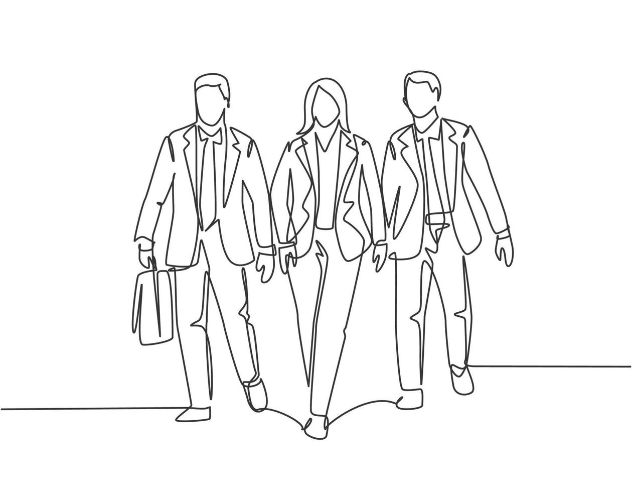 Single continuous line drawing of young businessman and businesswoman walking and talking together to the office. Urban commuter workers concept one line draw design graphic vector illustration