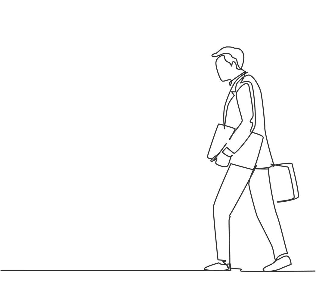 un dibujo de una sola línea de un joven trabajador caminando apresuradamente en la calle de la ciudad para ir a la oficina mientras sostiene el documento. Ilustración de vector de diseño de dibujo de línea continua de concepto de trabajador de cercanías urbano