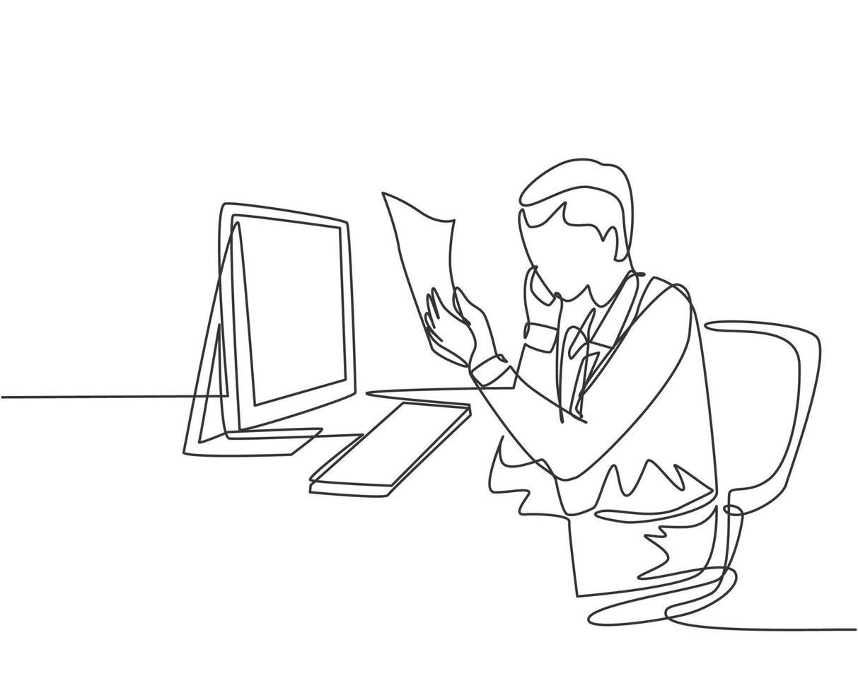 One single line drawing of young startup founder reading company annual report on tablet and calling team member to confirm. Report validation concept continuous line draw design vector illustration