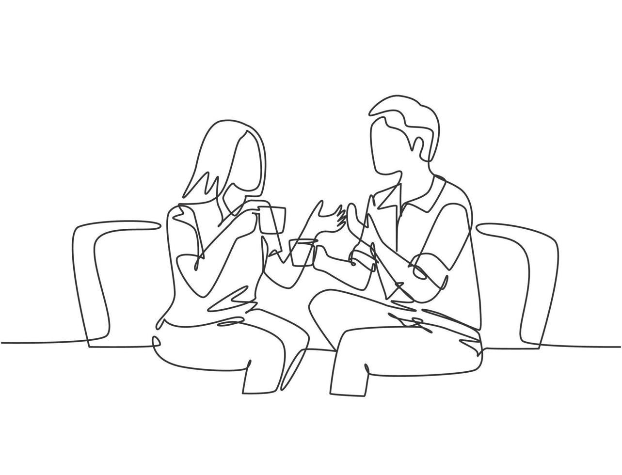 One continuous line drawing of young male and female worker chatting together while drink a cup of coffee during office break. Rest break at work concept single line draw design vector illustration