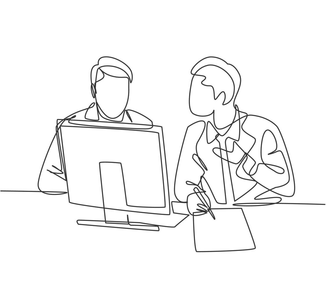 Single continuous line drawing of two young happy business owner discussing product innovation with partner. Brainstorming during business meeting concept one line draw design vector illustration
