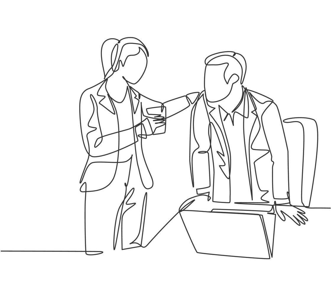 One continuous line drawing of young male and female employees engage in exciting conversations during office breaks. Rest break at work concept single line draw design vector graphic illustration