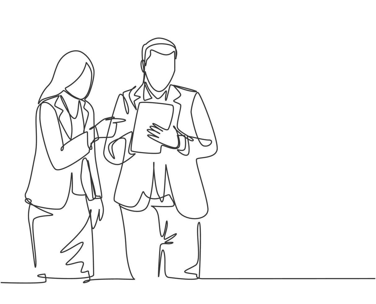 One single line drawing of young male and female employee discussing work while watching annual report graph on tablet phone. Job discussion concept continuous line draw design vector illustration