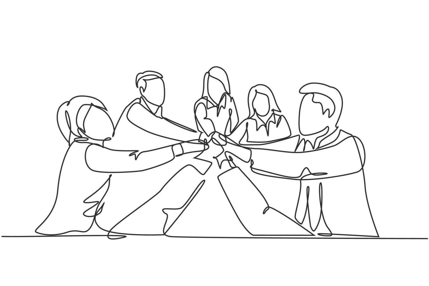 One single line drawing group of young happy male and female business people unite their hands together to form a circle shape. Teamwork unity concept continuous line draw design vector illustration