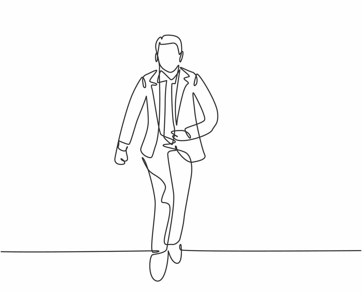 Single continuous single line drawing of young happy businessman running fast at athletic race lane. Business race concept one line draw design vector graphic illustration