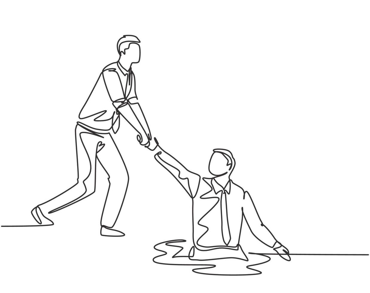 One single line drawing of young energetic businessman helps pull his colleague who falls into the hole to go out. Business teamwork support concept continuous line draw design vector illustration