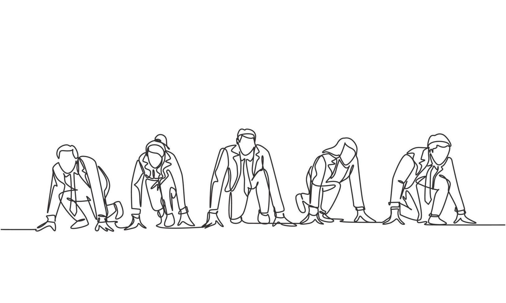 One single line drawing group of businessmen and businesswomen get ready on start line to do sprint race. Business running competition concept continuous line draw design vector graphic illustration