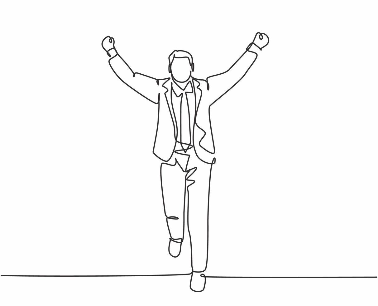 Un solo dibujo continuo de una sola línea del joven gerente masculino feliz corriendo y abriendo las manos después de cruzar la línea de meta. Concepto de competencia de carrera de negocios ilustración de vector de diseño de dibujo de una línea