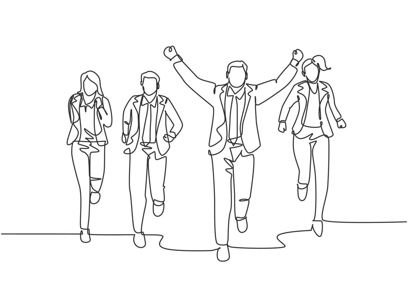 One continuous single line drawing of young happy male manager rise fist to the air after winning cross the finish line beating friends. Sprint race concept single line draw design vector illustration