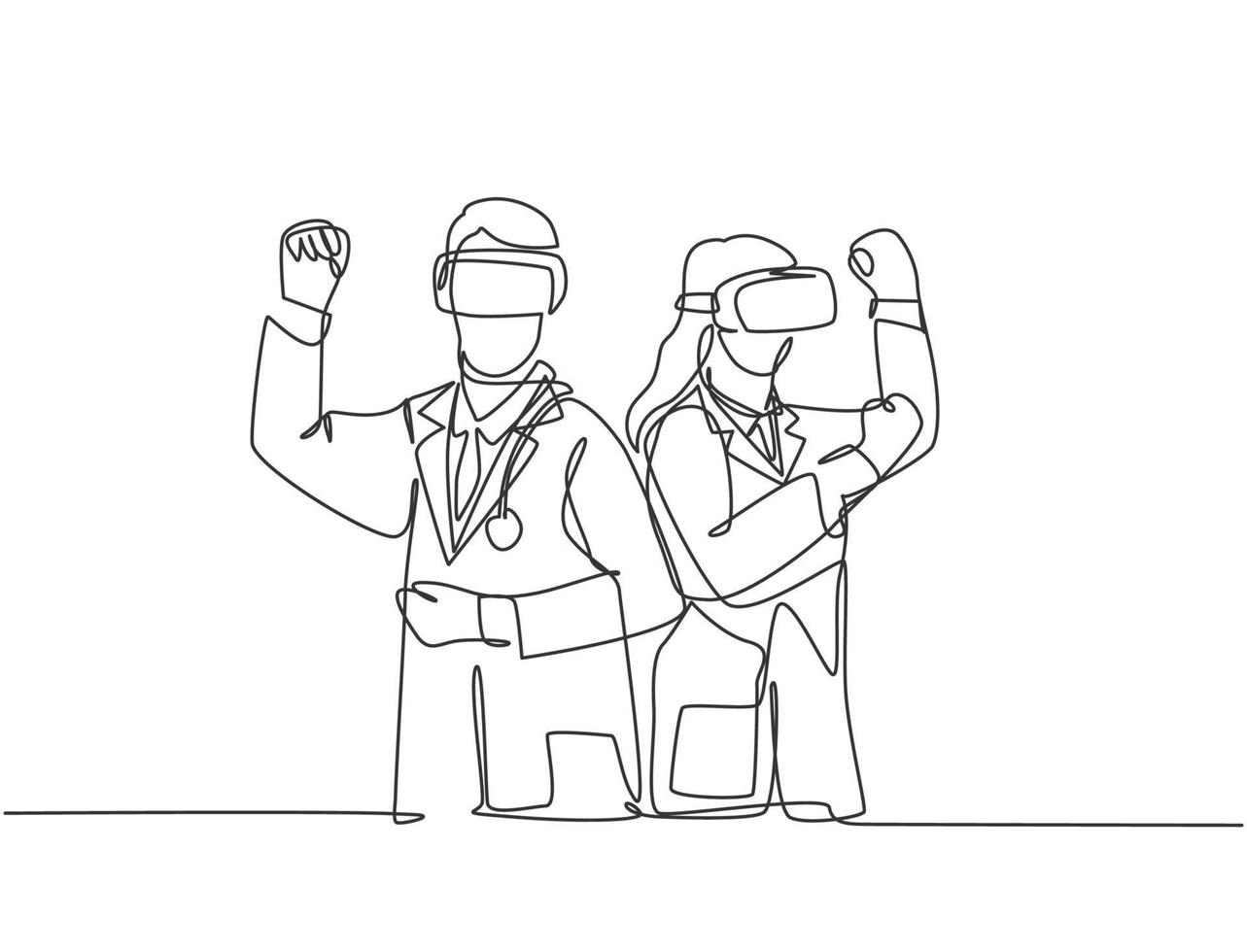 One continuous line drawing of two young male and female doctor playing adventure game using virtual reality devices. Modern video game player concept single line draw design vector illustration