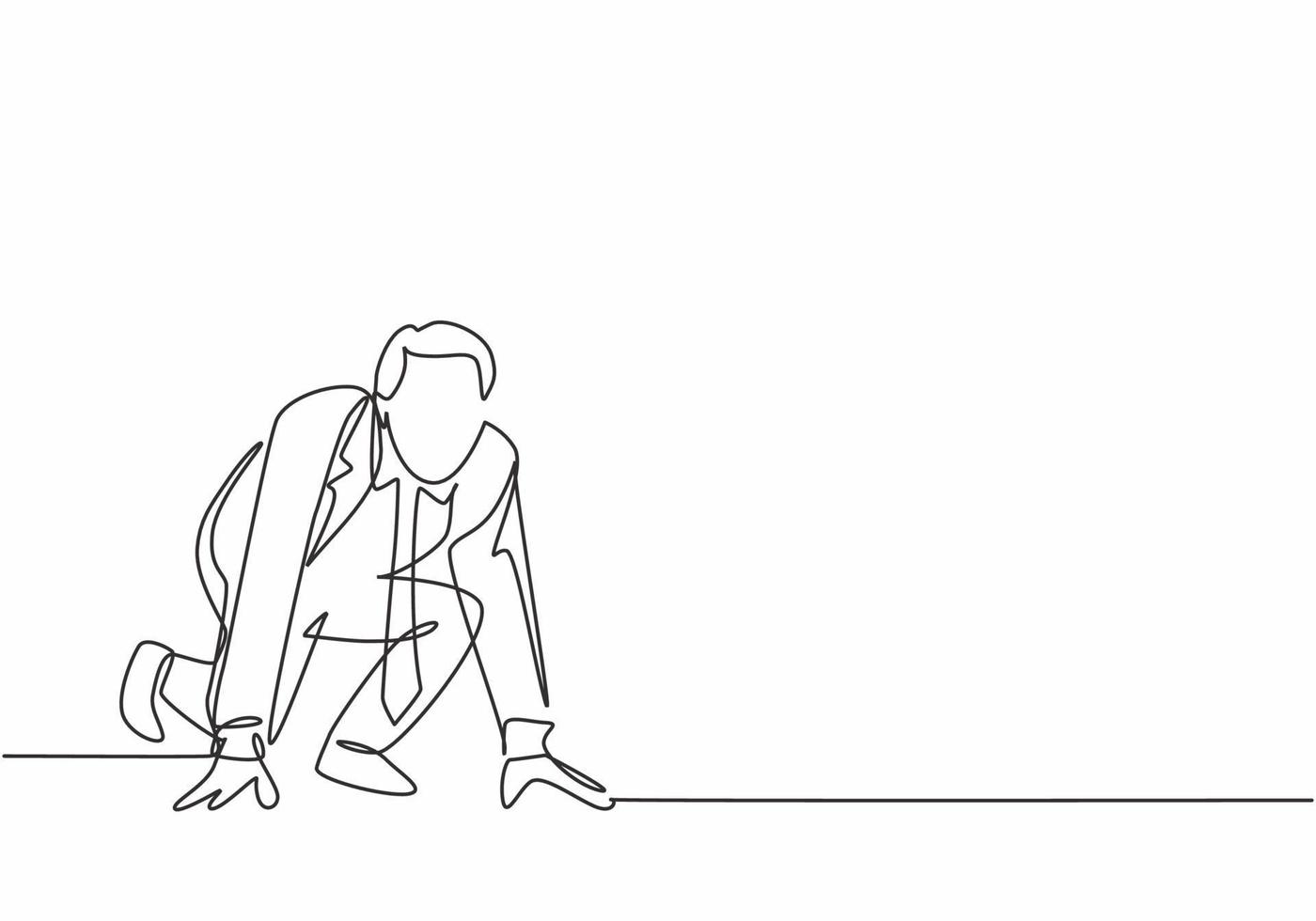 Single continuous single line drawing of young happy businessman get ready to sprint run on running track, from front view. Business race competition concept one line draw design vector illustration