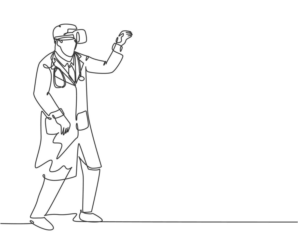 Single continuous line drawing of young happy male doctor ready to catch something while playing business simulation game. Virtual reality game player concept one line draw design vector illustration