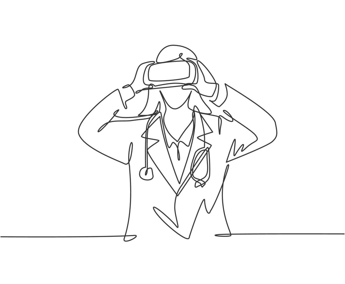 One single line drawing of young happy female doctor looking digital visual data using virtual reality goggles. Smart technology game player concept continuous line draw design vector illustration