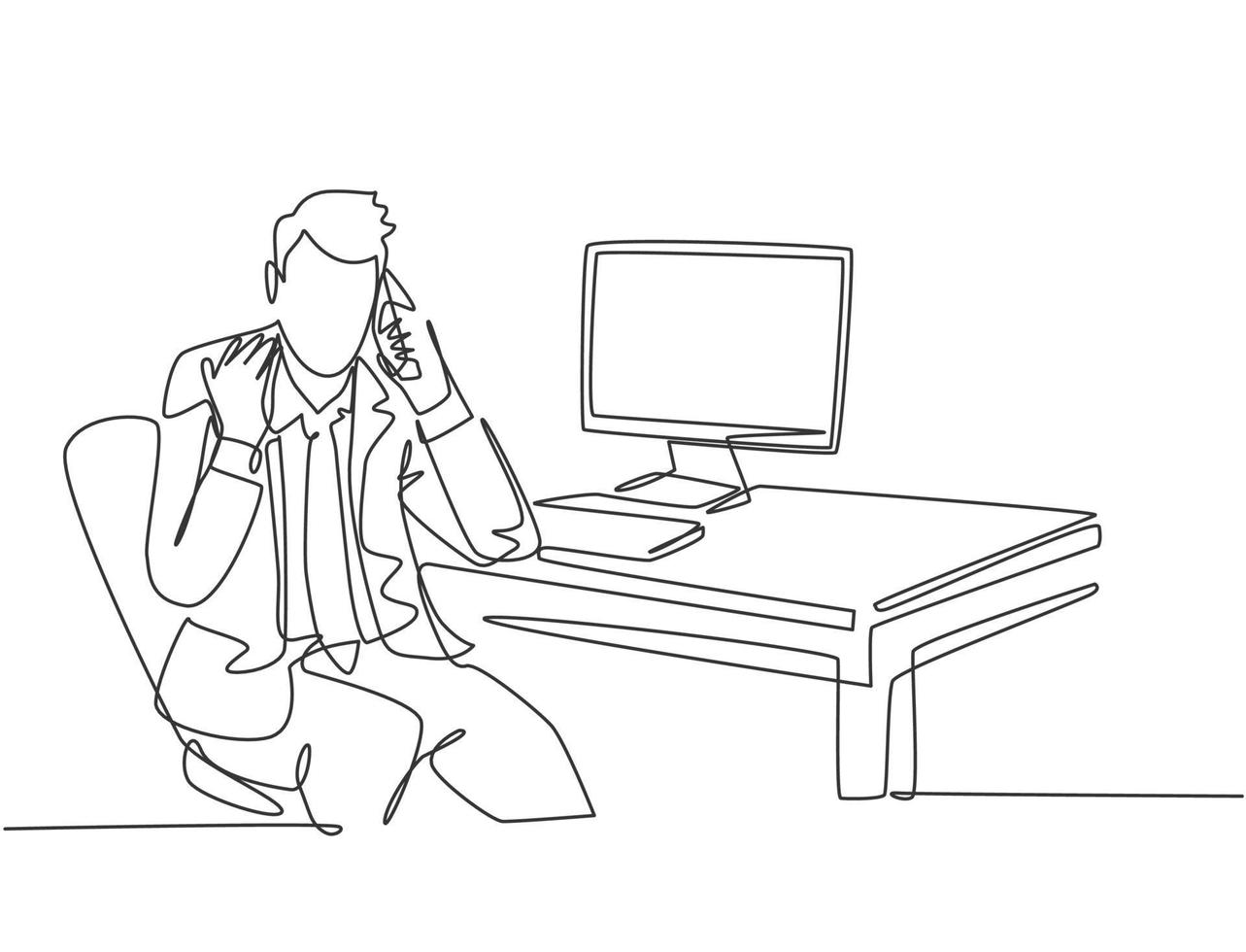 Single continuous line drawing of young furious male manager holding a smartphone and calling his staff at office to ask report. Discussion on phone concept one line draw design vector illustration