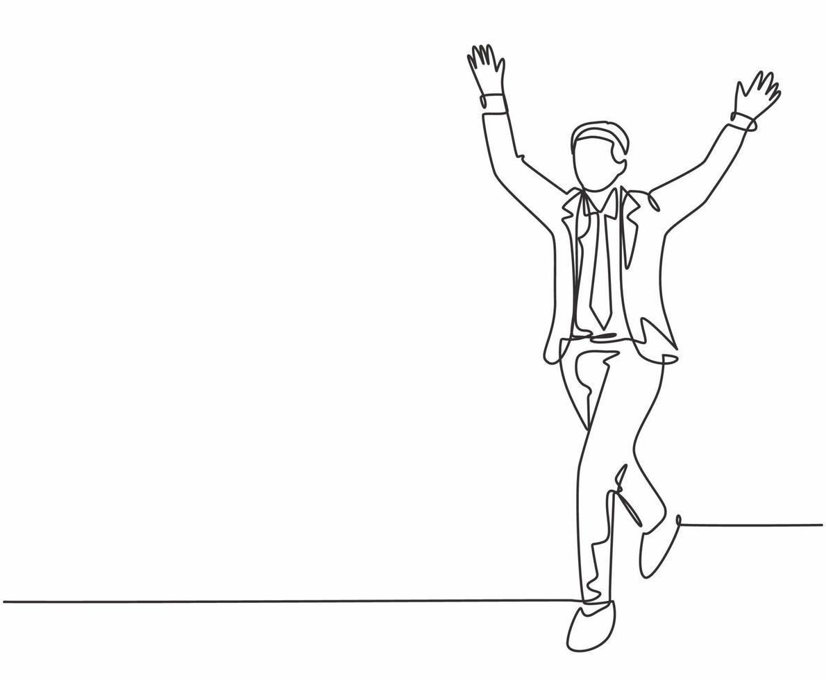 Single continuous single line drawing of young happy male manager running and open his hands after cross the finish line. Business race competition concept one line draw design vector illustration