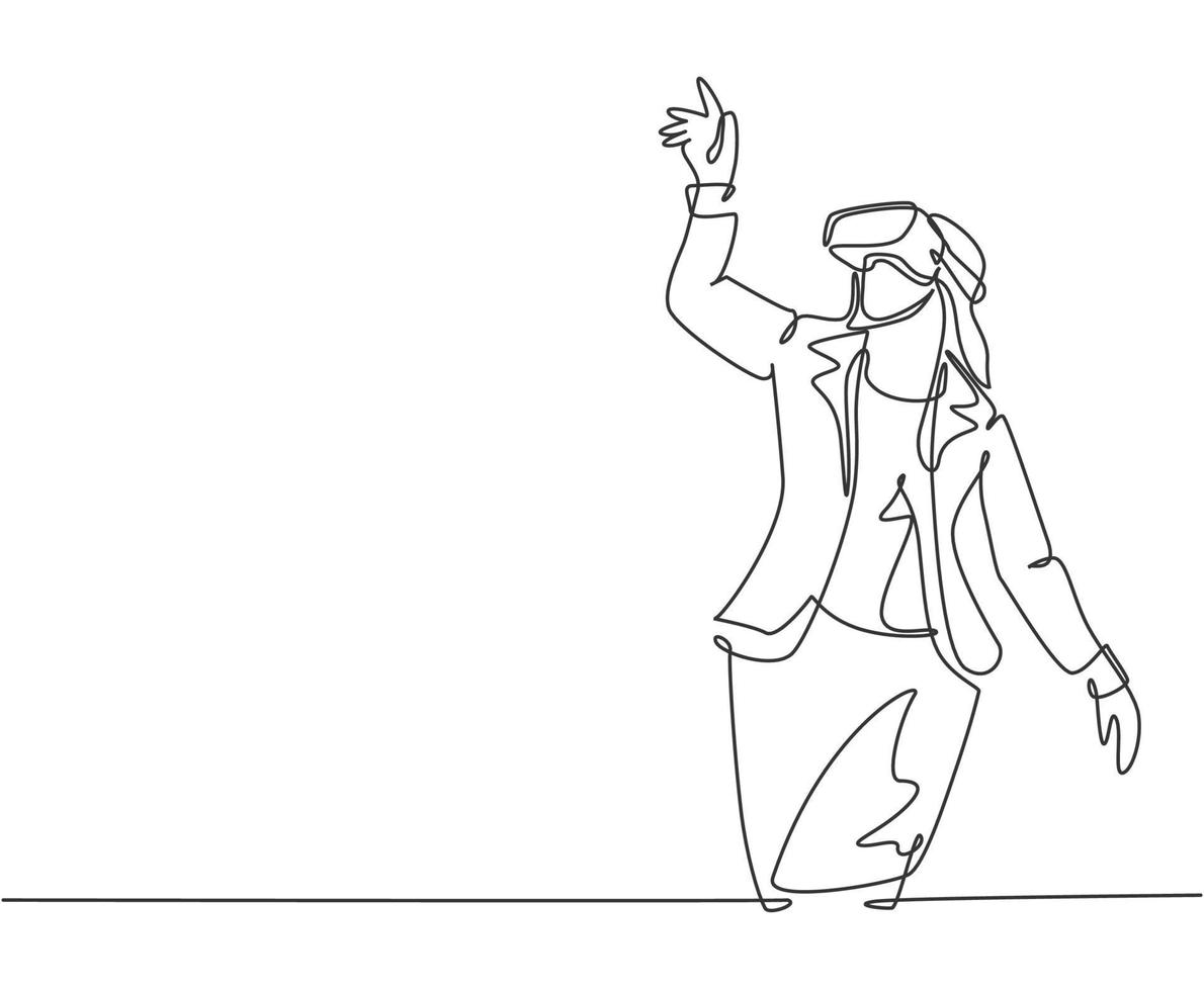 One single line drawing of young happy gamer business woman wearing virtual reality glasses and pointing finger. Smart technology futuristic game player concept continuous line draw vector design