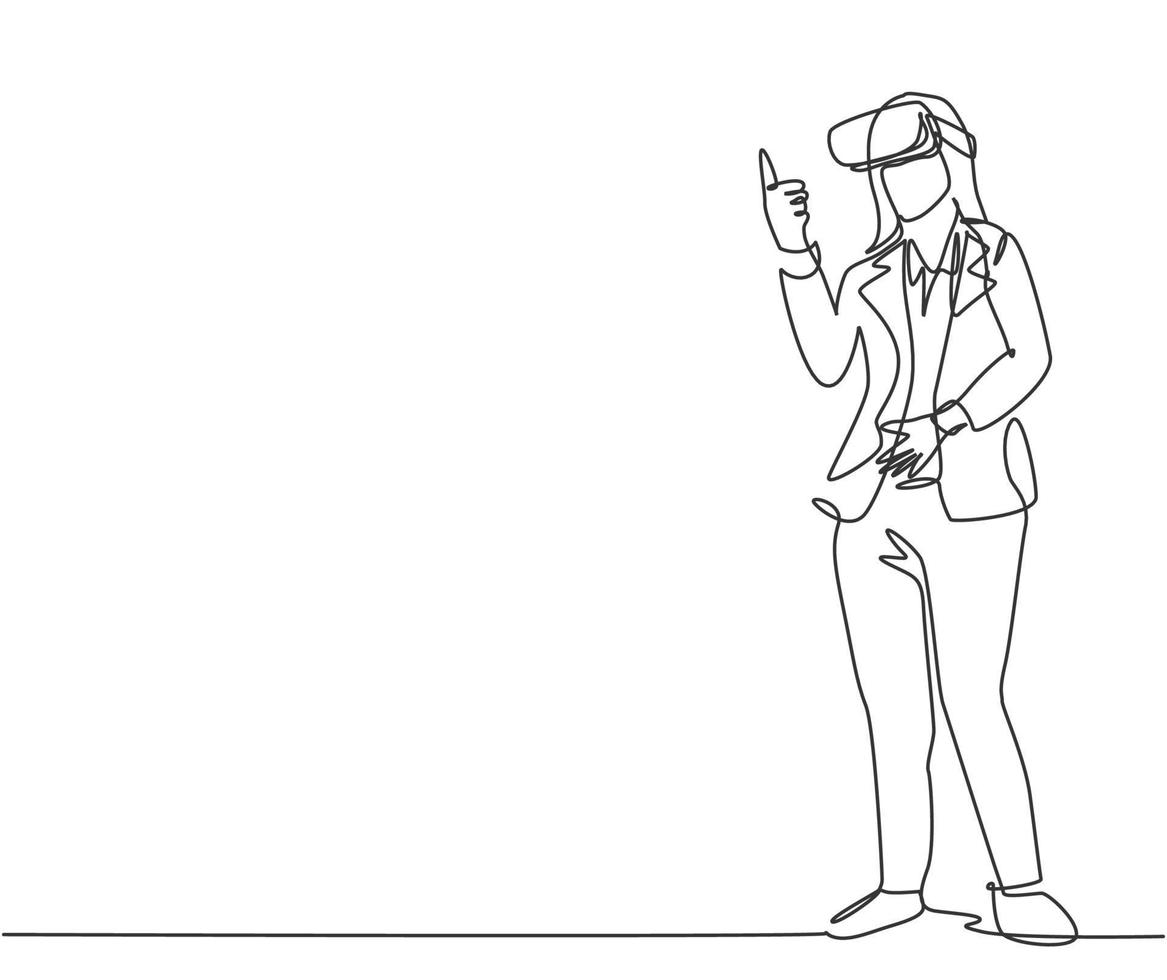 Single continuous line drawing of young businesswoman giving thumb up gesture after successful finishing level at game. Virtual reality game player concept one line draw design vector illustration