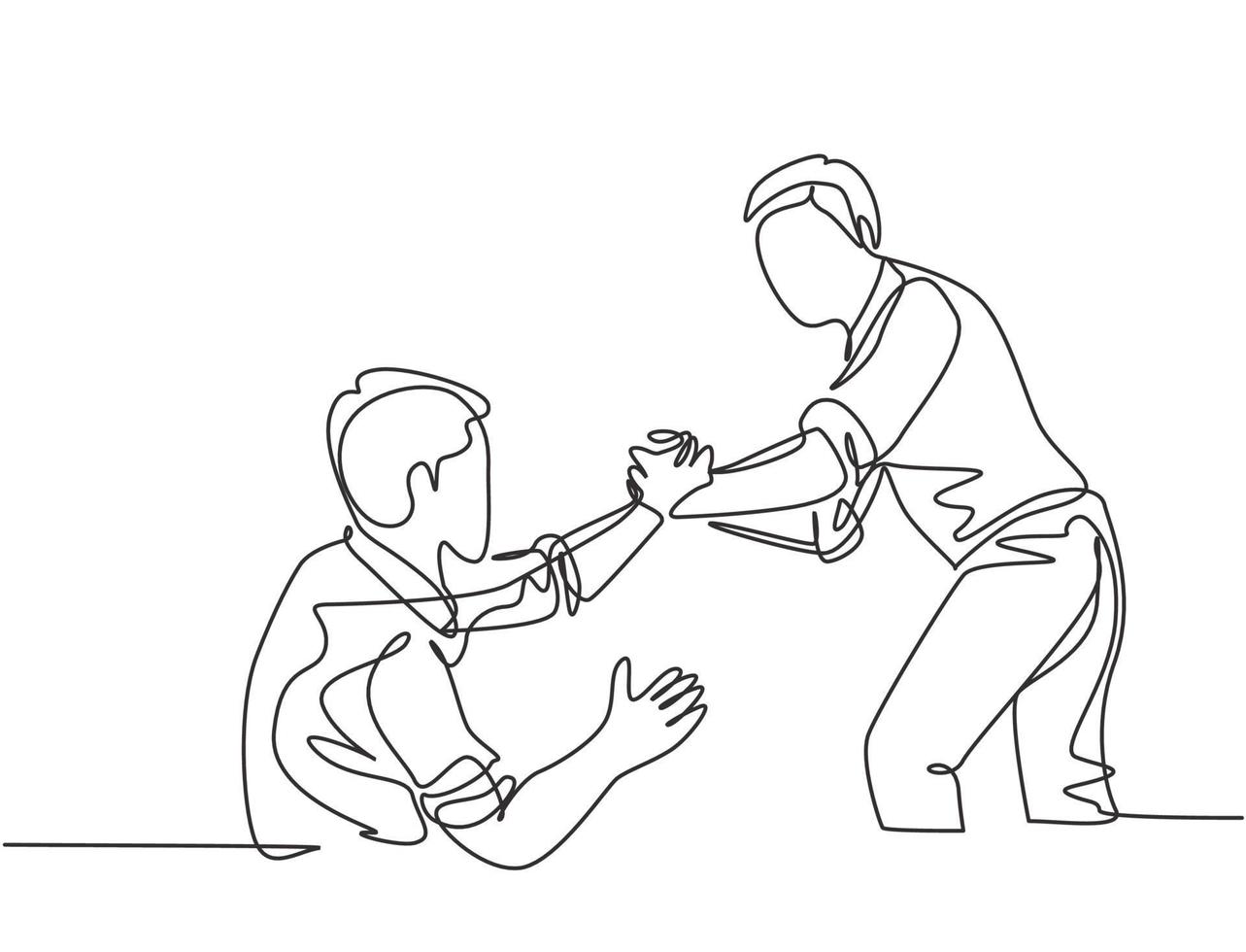 Single continuous line drawing of young happy businessman help to pull out his colleague from failure and rising again. Trendy teamwork support concept one line draw design vector graphic illustration