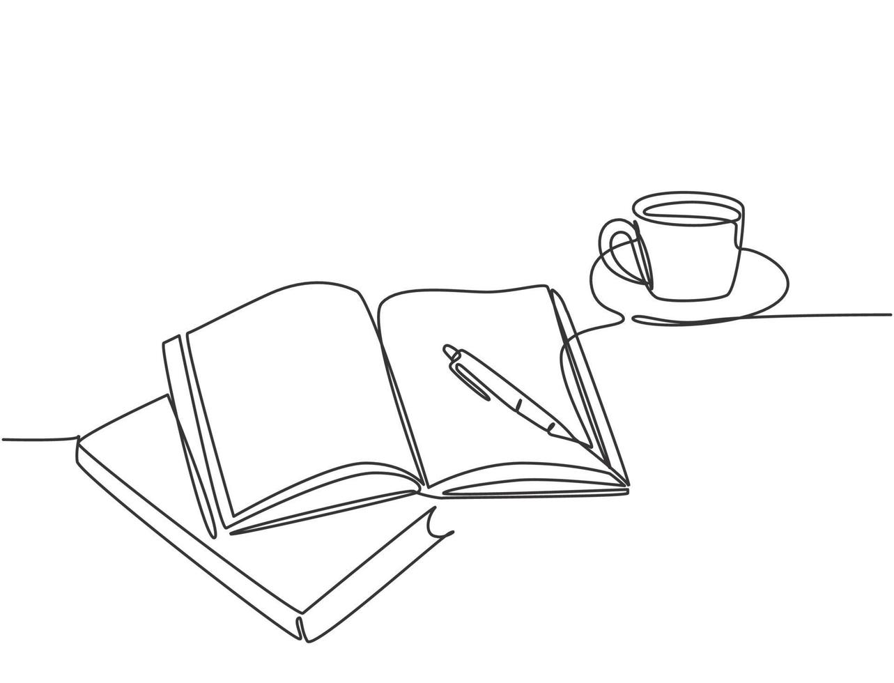 dibujo de línea continua única de escritura de gestos con la mano en un libro abierto junto a una taza de café en el escritorio de trabajo. redacción de proyecto de concepto de negocio. Ilustración gráfica de vector de diseño de dibujo de una línea moderna