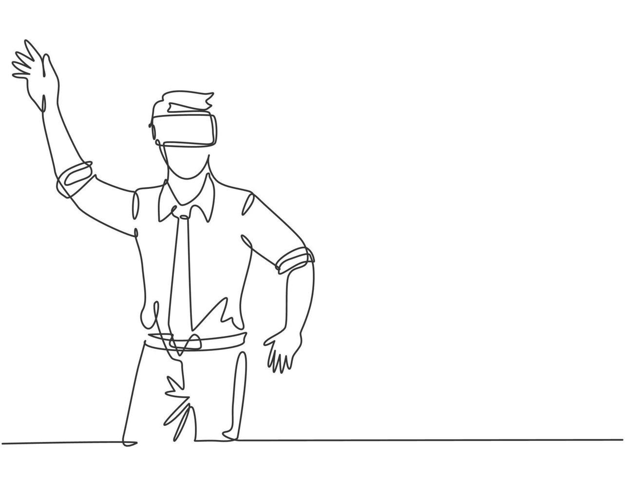 Single continuous line drawing of young shock businessman tries to avoid obstacles while playing game simulation. Virtual reality game player concept one line draw design graphic vector illustration