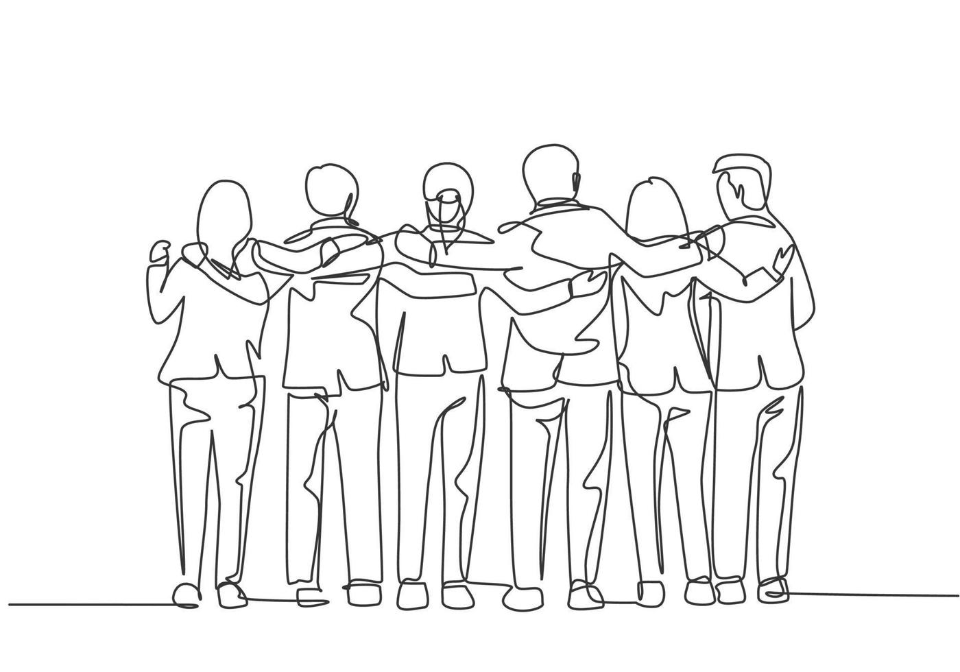 One single line drawing about group of men and woman from multi ethnic standing together to show their friendship bonding. Unity in diversity concept continuous line draw design vector illustration