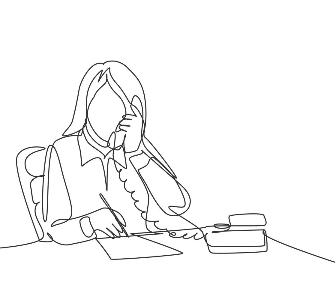 One continuous line drawing of young assistant manager receiving a phone and writing down her boss needs on a piece of paper. Manager direction concept single line draw design vector illustration