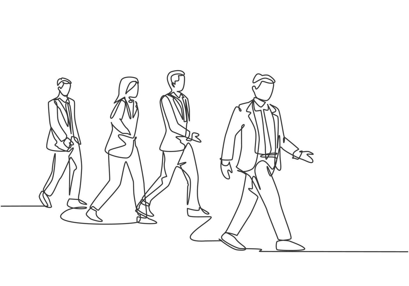 One continuous line drawing of group male and female urban commuters walking pass over on city street go to the office. Urban commuter workers concept single line draw design vector illustration