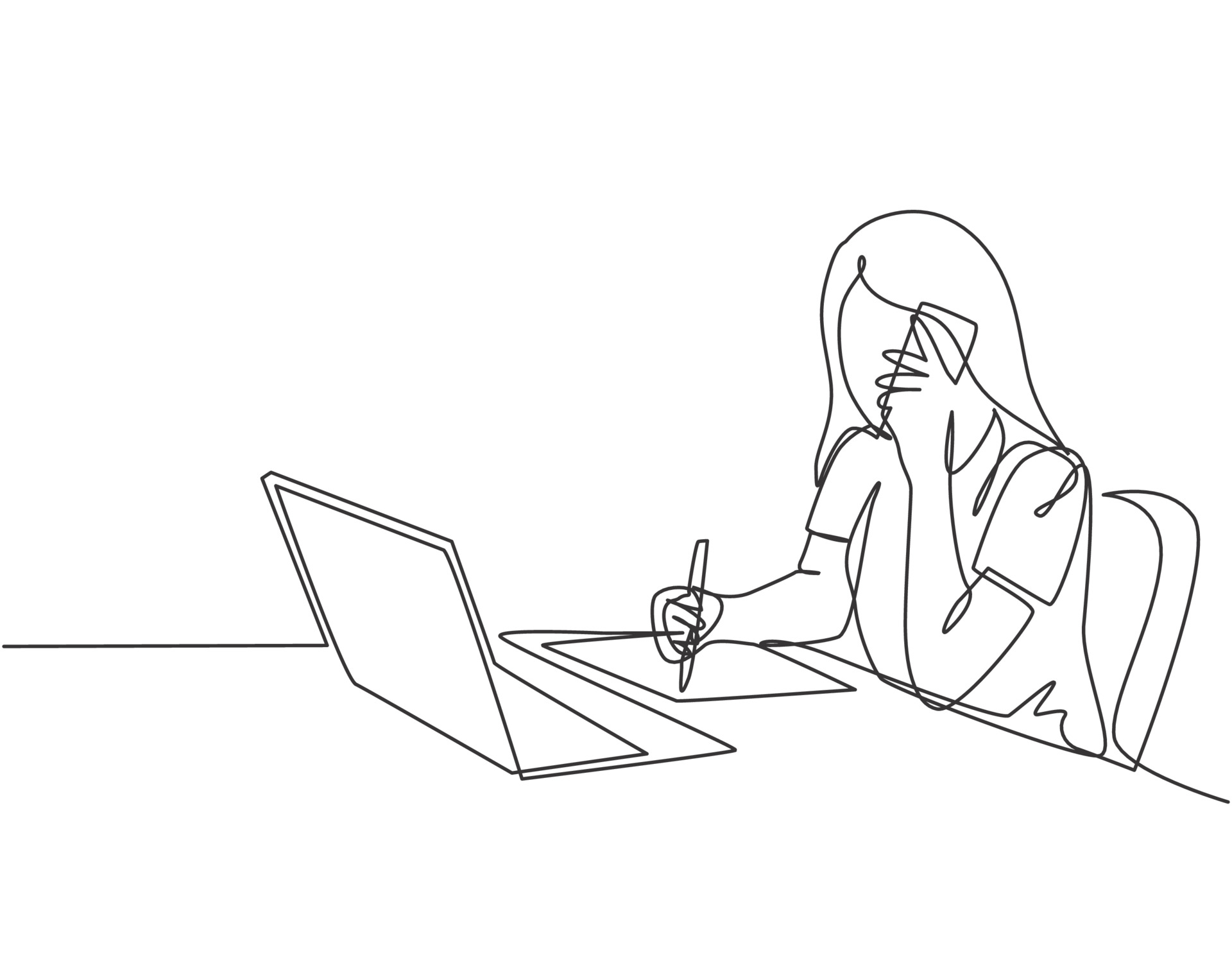 Single continuous line drawing of young businesswoman writing on a