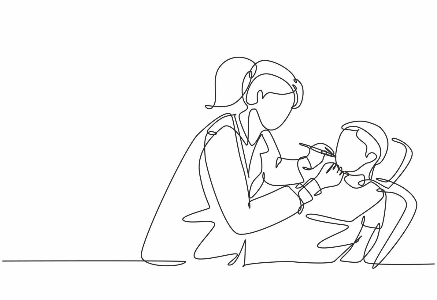 Single continuous line drawing of young happy female dentist examining boy patient condition at dental clinic. Medical health care service workers concept one line draw design vector illustration