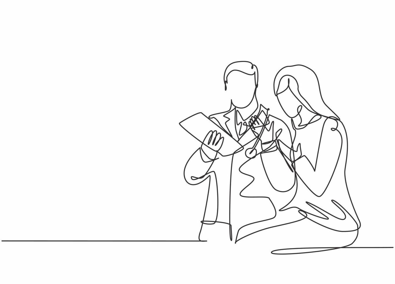 One single line drawing of young male doctor giving a consultation session to female patient while reading medical record. Medical health care concept continuous line draw design vector illustration