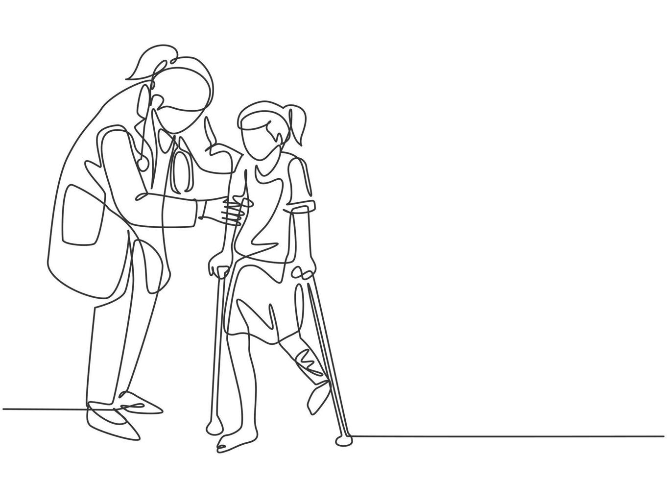 One continuous line drawing of female pediatric doctor doing therapy by helping young girl patient to get walk using crutch. Medical health care concept single line draw design vector illustration