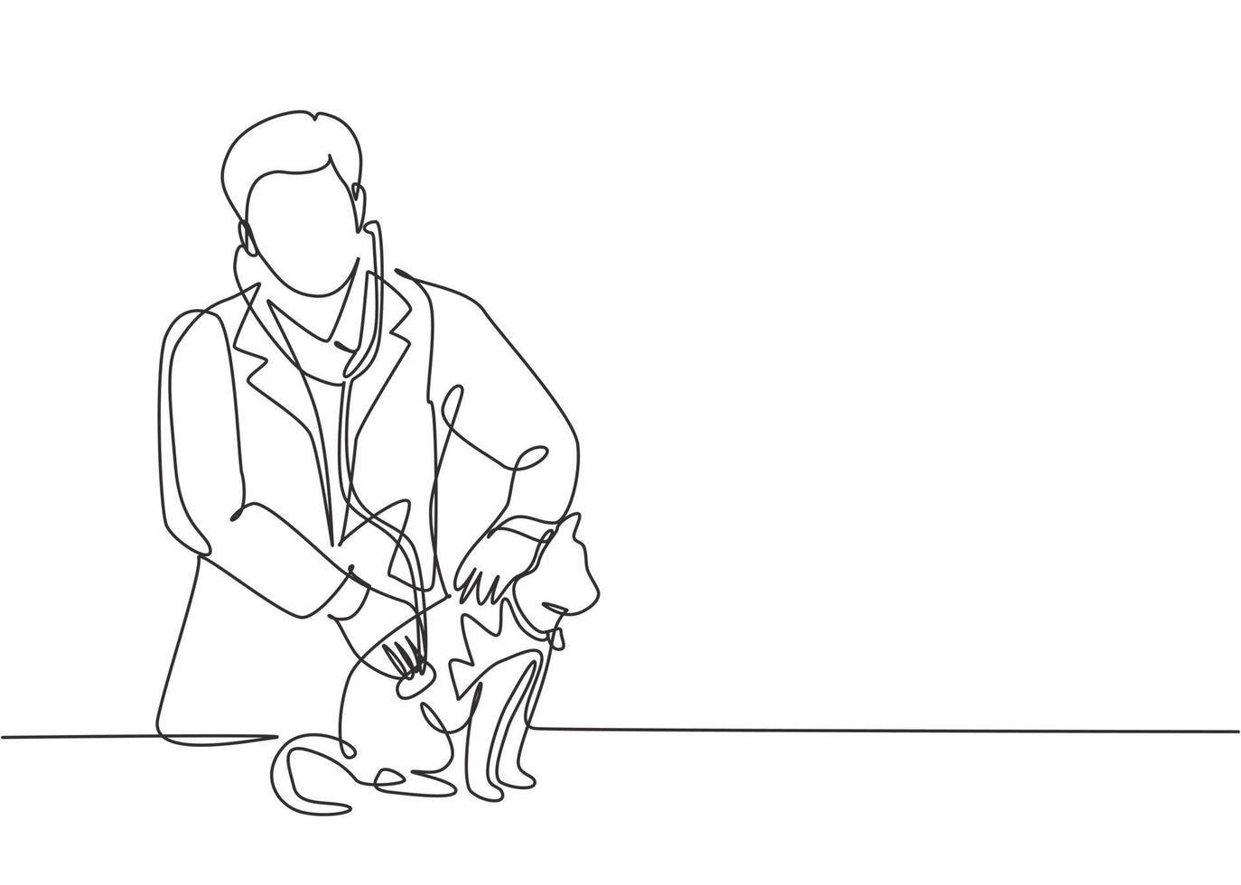 dibujo de una sola línea continua de un veterinario masculino joven que examina y cuida a un gato enfermo debido a una bacteria. Concepto de servicio de atención médica para mascotas ilustración de vector de diseño de dibujo de una línea