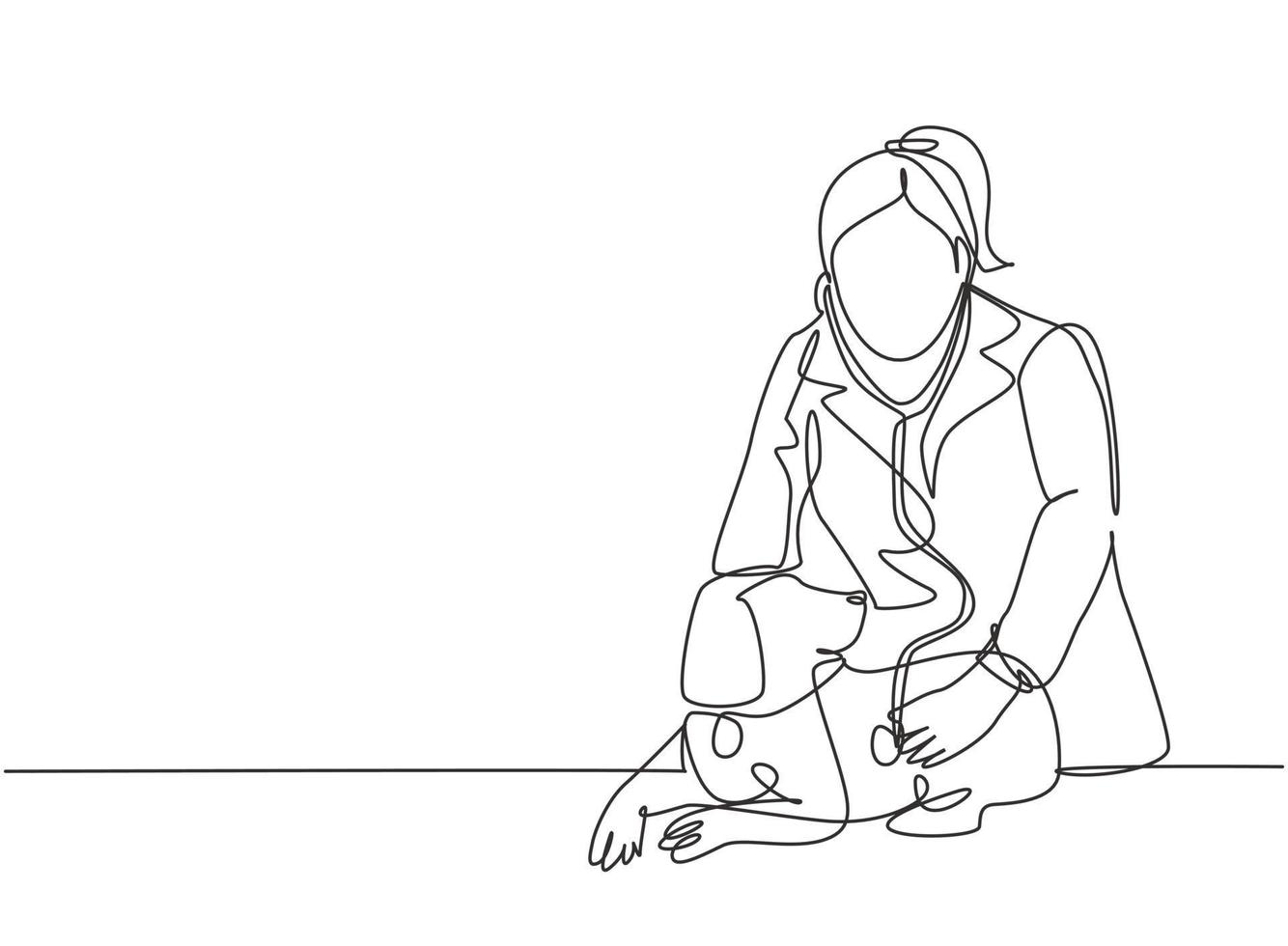 One single line drawing of young happy female veterinarian examining and take care of a sick dog because of a virus. Pet health care service concept continuous line draw design vector illustration